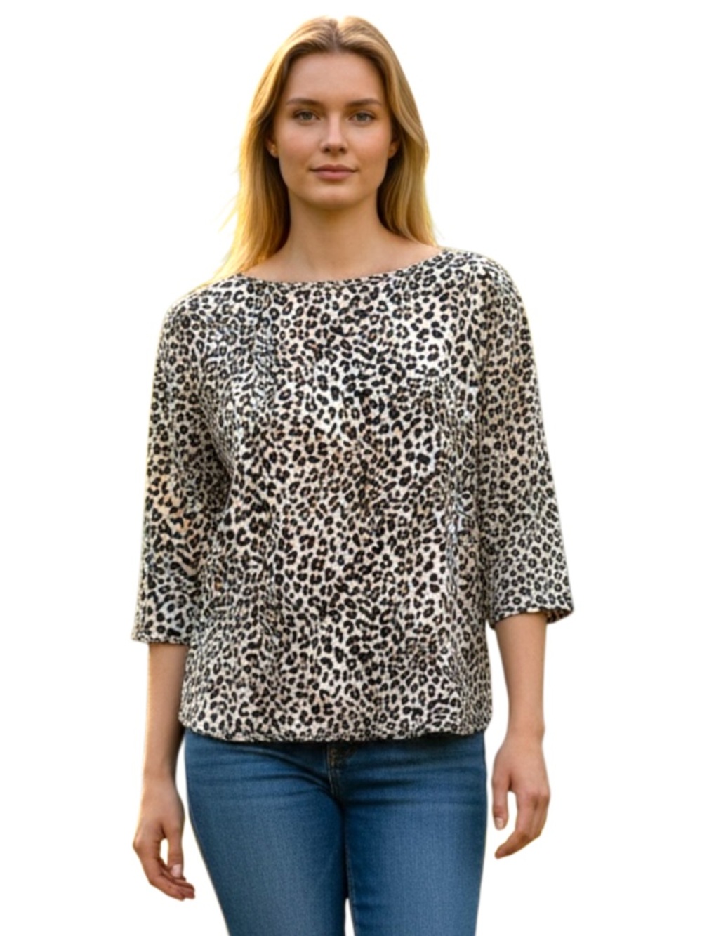 Monk & Lou Black Tan Cream Leopard Print 3/4 Sleeve Button Back Top (M)
